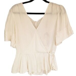 BOG Collective cross front top Medium ruffle sleeve boho cream tie‎ back new